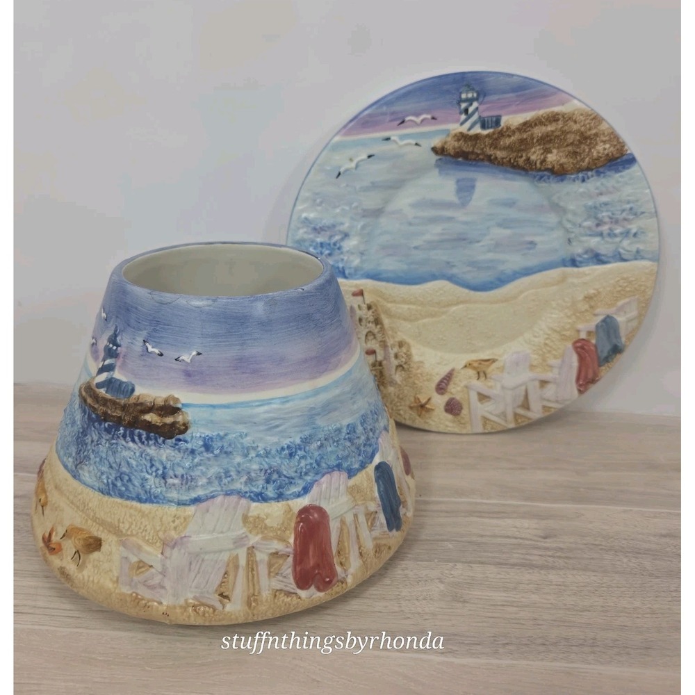 Yankee Candle Lighthouse Sandcastle Beach Ceramic LG Jar Topper Shade With Plate